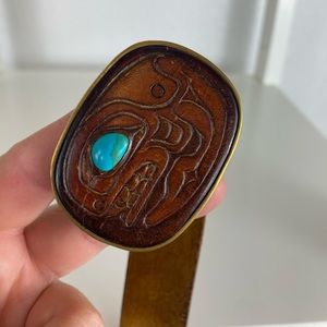 Vintage 1983 Barron BBB Brass Buckle & Leather Belt 4660 Native Whale Turquoise